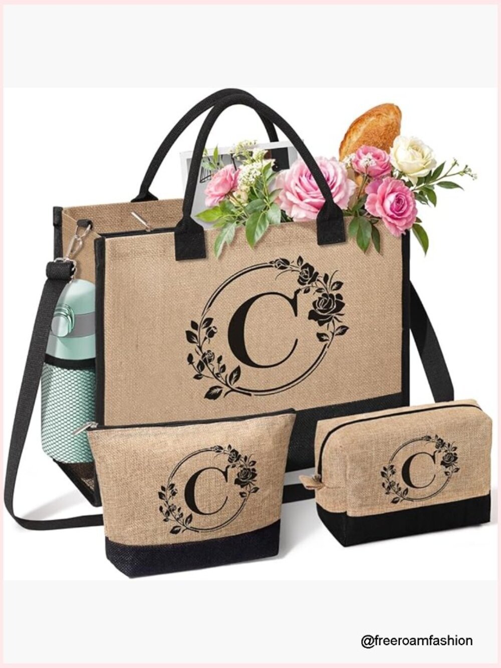 Monogrammed Jute Tote Bag with Cosmetic Bags, Adjustable Strap, 16.9x12.9x5.9